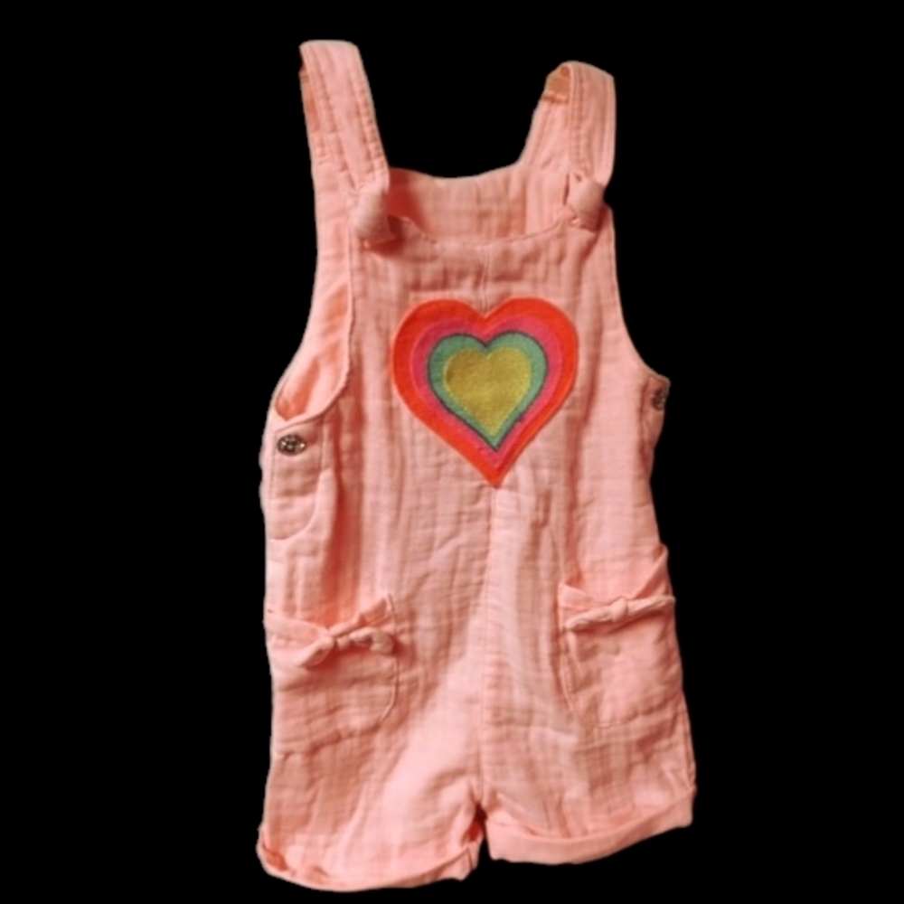 D1) Girls 4T Overall Romper – Creamsicle Peach Rainbow Heart Little Lass